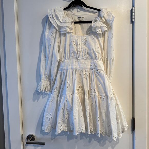 For Love & Lemons Serena Mini Dress White Eyelet Layered Ruffle Scalloped Sz L - Picture 4 of 10
